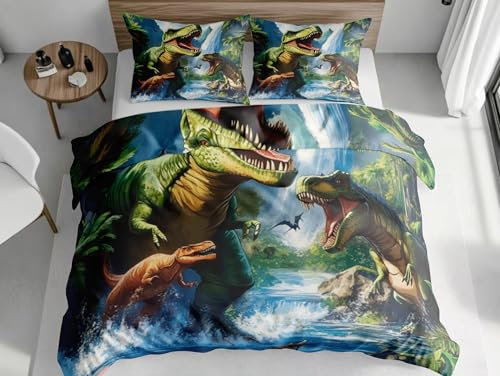 SKOEUI Set di Biancheria da Letto Dinosauro Dei Cartoni Animati Set Copripiumino in Morbido Microfibra Copri Piumino Traspirante Ipoallergenica Completo Copripiumino Singolo 140x200 cm Verde
