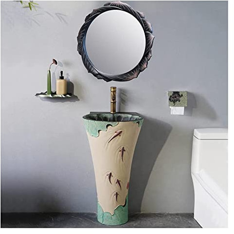 CAFIEDR Lavabo sur Pied de Salle de Bain autoportant Art Hotel Home Art Lavabo sur Pied de Salle de Bain Lavabo sur Pied Fait à la Main avec Robinet et Trou d'installat(Couleur avec Miroir (Style A))