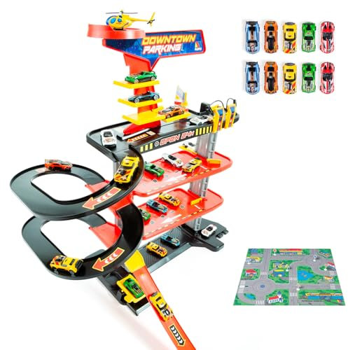 MOLTO | Garage per bambini in centro: 4 livelli + 10 auto + tappeto da gioco – Stazione di servizio, ascensore, autolavaggio – Parcheggio per bambini con rampa ad alta velocità