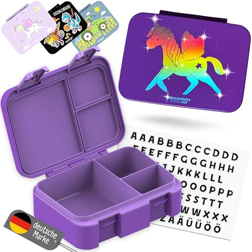 BEARFOOT – Porta Pranzo Bambini Compatta, Lunch Box Bento Box Senza BPA, Portamerenda Scuola con Scomparti, Leggera e Ermetica per Bambini e Bambine (Unicorno Splendente Lilla, 650 ml)