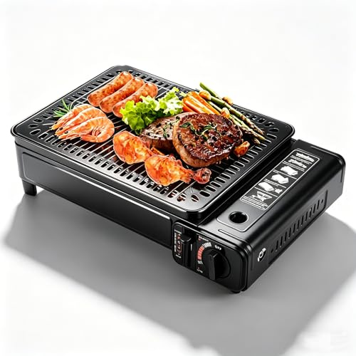 Oxylonty 2in1 Gasgrill & Campingkocher mit Piezo-Zündung – Tragbarer Tischgrill & Gaskocher mit Kartuschen, Zubehör & Koffer – für Outdoor, Camping & Indoor