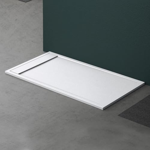 Mai & Mai Bac à Douche 90x160x3cm Receveur de Douche Blanc Mat en Résine Raccords DIN Rectangulaire Design Geo10