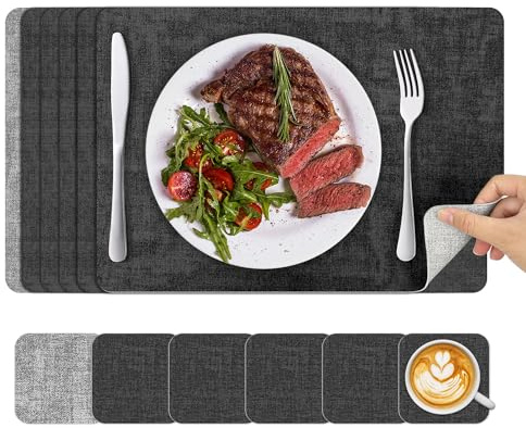 KitchenBoss Tovagliette Americane Lavabili: Set 6 Tovagliette PVC, Bifacciale, Antiscivolo e Resistenti al Calore | Incl. Sottobicchieri | Tovaglietta Colazione Plastica Elegante (43x30cm)