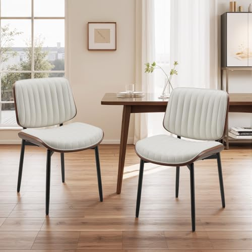 COLAMY Esszimmerstuhl 2er Set, Esszimmer- und Küchenstühle, Gepolsterte Stühle im Mid-Century-Modern-Stil mit Walnuss-Bugholz und Metallbeinen,Beige
