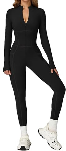 ECUPPER Womens Zip Up Gym Jumpsuit Long Sleeve Yoga Unitard Black S
