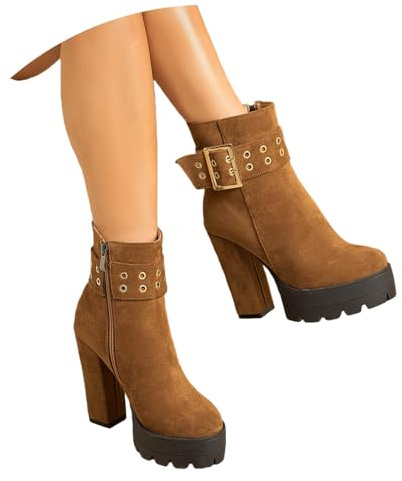 MEECHI Botas Cortas De Mujer con Cremallera Botines con Plataforma Y Tacón Grueso Botines De Ante De Moda con Hebilla Tacones Altos Antideslizantes Zapatos De Noche Elegantes for Novias(Brown,35 EU)