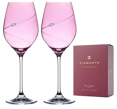 DIAMANTE Par de copas de vino rosa, diseño de silueta rosa, 2 copas de vino de colores y caja de presentación para el día de la madre, aniversario en caja de regalo de elixir