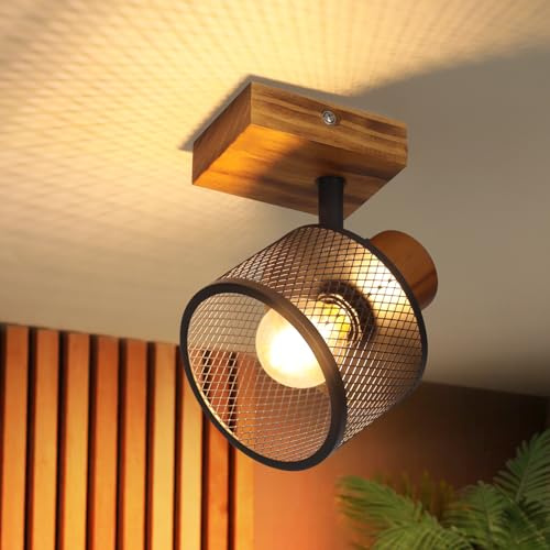 ZMH Deckenstrahler 1 Flammig Holz Deckenlampe Flur E14 Deckenleuchte | Vintage Deckenspots Strahler Schwarz Metall Wandstrahler Schwenkbar 350° Industrial für Küche Wohnzimmer (ohne Leuchtmittel)