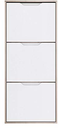 FORTE Sienna Schuhschrank mit 3 Klappen, Holzwerkstoff, Sandeiche mit Weiß Hochglanz, 129,7 x 55,2 x 27,9 cm