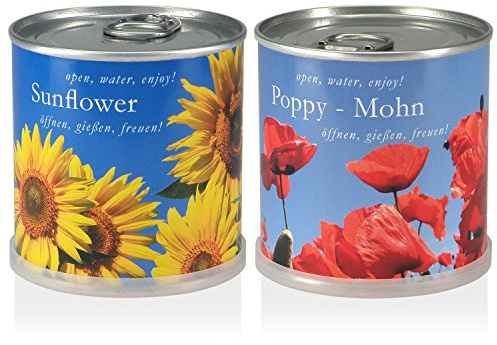 MacFlowers | Litet odlingsset med solrosor och vallmoblommor | design blå pengar och röd | Presentset med två sorter frön i söta omedelbara blomburkar