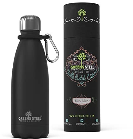 Greens Steel Edelstahl Trinkflasche - 350 ml, Schwarz I Doppelwandige vakuumisolierte Wasserflasche I Mit Karabiner & Geschenkbox I Wiederverwendbar & auslaufsicher für Erwachsene & Kinder, BPA frei