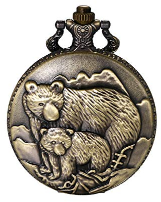 JewelryWe Vatertagsgeschenk Taschenuhr Herren Vintage Grizzly Bären Vater und Sohn Analog Quarz Uhr mit Halskette Kette Uhranhänger Pocket Watch