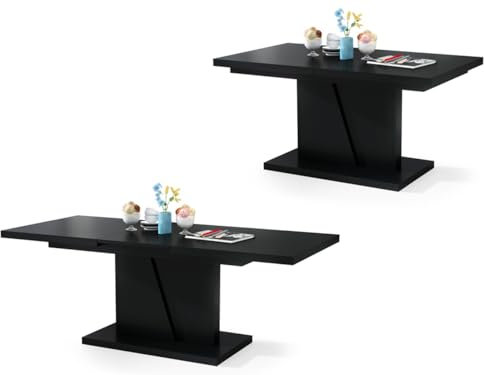 All4All Couchtisch Noel - Kaffeetisch - Wohnzimmertisch – Sofatisch mit Ablagen - Esstisch mit Einlegeplatte - ausklappbar - 120x70cm - 05 - Schwarz matt