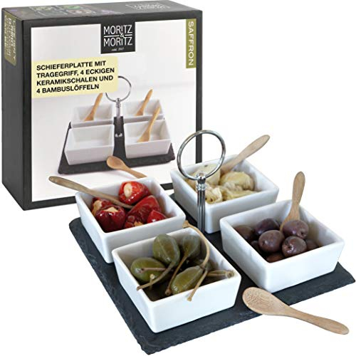 Moritz & Moritz 7 pz. Serving Set Bay Leaf - ciotole in ceramica vassoio in ardesia e cucchiaio di bambù - per salse snack antipasti dessert