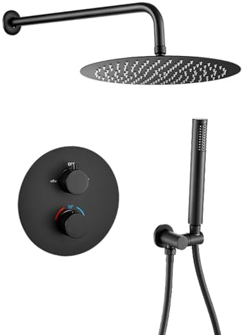 VALAZ Douche Encastrable | Douche Thermostatique 2 voies, Pulvérisateur Effet Pluie | Installation Murale Facile et Rapide | Inoxydable, Ronde, Pulvérisateur 25 cm, Noir, Série Jucar
