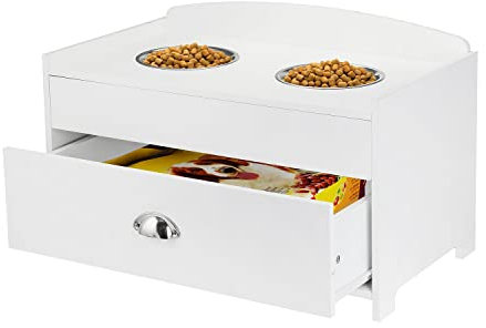 Taylor & Brown Wooden Dog Pet Food Feeding Storage Station with 2 Stainless Steel Raised Bowls Base for Large Dogs and Other Large Pets, White