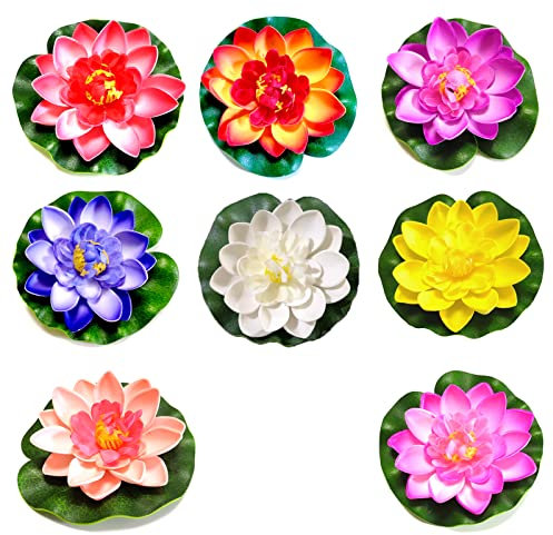 通用 8 Pcs Realistic Lily Artificial Water Floating Foam Lotus Flowers Floating Pond Decor for Pond Pool Aquarium Water Decoration