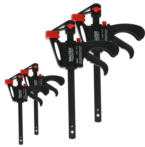 WALTER Schnellspannzwingen 4 tlg, aus Stahl und Nylon zum präzisen fixieren, Spannweite Größe S 100 mm, Größe M 150 mm, Schraubzwinge Einhandzwinge Klemmzwinge Spanner