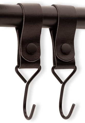 Brute Strength – S Hooks with Leather Loops – Black – Pack of 2 | S hooks with full-grain leather loops for clothes rails, towels, kitchen, bathroom, bedroom and wardrobe