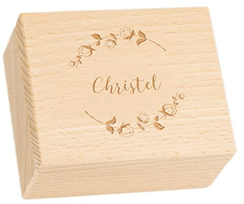 LAUBLUST Schmuckkästchen aus Holz - Natur - Personalisiert - 10 x 8 x 5 cm - mit floralem Motiv - Geschenkbox Klein - Personalisierte Geschenke - Schmuckkasten Mädchen - Ohrring Aufbewahrung