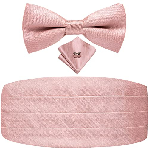 Dubulle Mens Paisley Floral Cummerbund and Bowtie Silk Pretied Bow Ties for Men Handkercheif Cufflinsk Set,Blush Pink