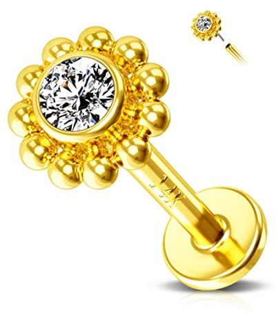 Jewseen 14K Solid Gold Sonnenblume Helix Piercing Gewindelose Flache Rückseite Ohrringe Knorpel Ohrringe Schmuck Tragus Piercing für Frauen Männer Gold Post