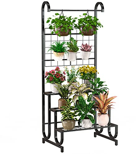 Mutool Pflanzenregal mit Hintergitter, Leiterregal für Außen Innenpflanzen, Pflanzenregal für Garten Balkon & Terrasse (Schwarz)