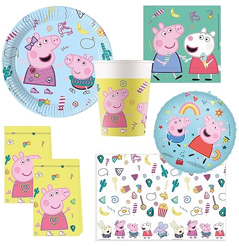 Procos 10215314DY - Set de fiesta Peppa Pig, vajilla desechable de 46 piezas para fiestas de cumpleaños infantiles y fiestas temáticas, decoración de mesa