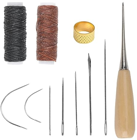 MSKS Leather Sewing Needle 11PCS 12m Waxed Thread Kit Cord Drilling Awl Thimble Curved Needle for Upholstery Carpet Furs Canvas Repair DIY Leather Hand Stitching Embroidery Bookbinding