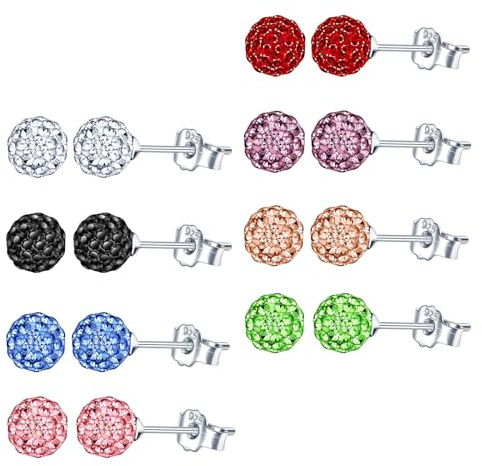 CPSLOVE Moda Pendientes Colores de Diamantes Bola de Cristal para Mujer Niña Pendientes de Plata 925 Elegantes 8mm Pendientes Redondos con Diamantes de Imitación Set de 8 Pares