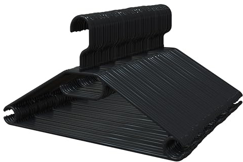 PORTENTUM Perchas de Plástico Reciclado 100%, Set de 50, Negras - Gancho Giratorio 360º, Ahorra Espacio, Soporte para Accesorios y Ganchos para Vestidos, Hechas en España