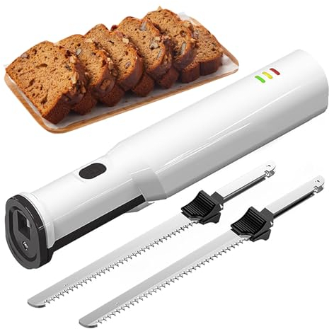 Couteau à découper électrique, couteau à pain, couteau à trancher la viande rechargeable sans fil avec 2 lames dentelées en acier inoxydable de 8 et déclencheur de verrouillage de sécurité, pain