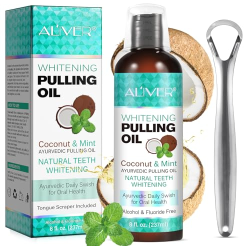Coconut Pulling Oil (8 Fl.Oz), Mint Mouthwash with Tongue Scraper - Natural, Alcohol Free Coconut Oil Pulling for Teeth to Help with Fresh Breath, Teeth Whitening and Healthier Teeth & Gum