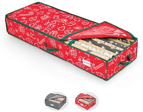 BRANTMAKER Geschenkpapier Aufbewahrung(103 * 35 * 15cm),Groß Geschenkpapier Organizer mit Oxford-Gewebe für Geschenkpapierrollen Zubehör,Rotes und Weißes Festliches Muster