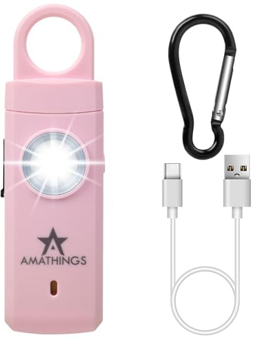 AMATHINGS Frauen Taschenalarm in Rosa / Pink – 130dB Sirene, LED, wiederaufladbar via USB-C, Schlüsselanhänger mit Stroboskoplicht und Akkustandsanzeige für mehr Sicherheit, sehr laut Taschen-Alarm