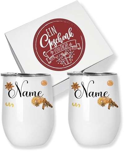 GRAZDesign Glühweinbecher to go Set personalisiert Geschenkset Weihnachten mit zwei Namen Edelstahl Becher to go