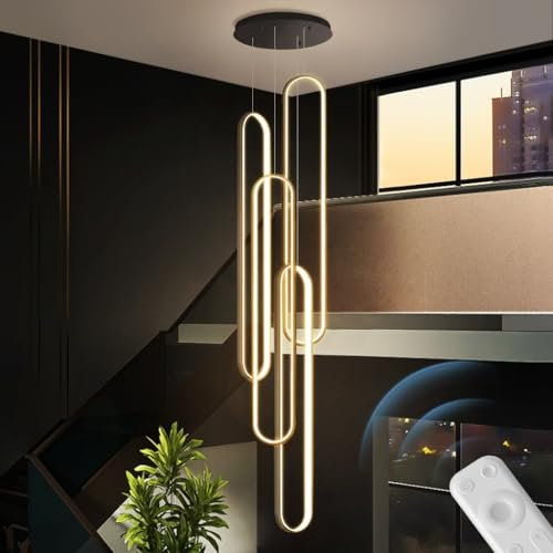 AHQX Moderne LED Geometrische Pendelleuchte Große Lange Treppe Pendelleuchte Stufenlos Dimmbar mit Fernbedienung Höhenverstellbar Schwarz Für Eingang Wohnzimmer Foyer Villa Hotel(4 heads,80cm)