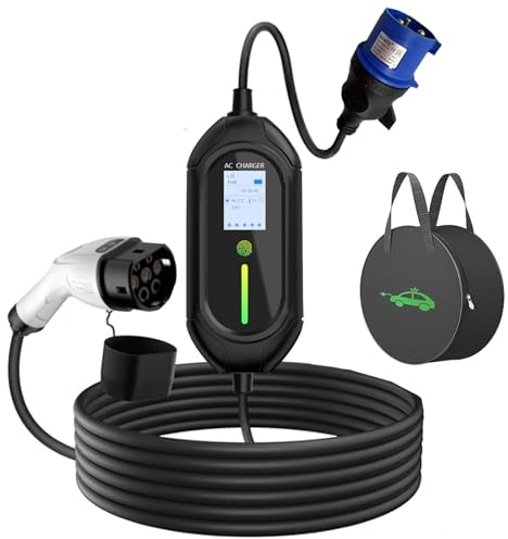 SURLABA Typ 2 Ladekabel Schuko, 7kW EV PHEV Ladegerät mit 8-32A Einstellbarer Strom, 0-8h Terminaufladung, 5m Elektroauto Ladekabel IP55 für Model 3/Y, I3/IX, ID.3/ID.4 usw (IEC 62196-2)