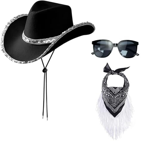 1 Cappello Da Cowboy Nero, 1 Fazzoletto Da Taschino Con Frange E 1 Occhiali Da Sole, Accessori Cosplay, Accessori Moda Retrò, Accessori Da Donna