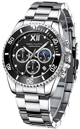 MEGALITH Relojes Hombre Acero Plateado: Negro Cronografo Relojes de Pulsera Grande - Reloj Fecha Luminosa Impermeable