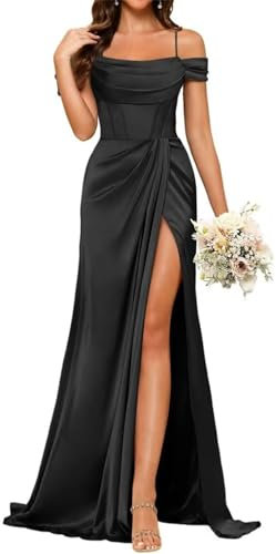 YIANN Robe de demoiselle d'honneur en satin pour femme, style sirène avec fente, col bénitier, bretelles spaghetti, longue robe de bal, Noir , 42