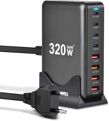 USB Schnellladegerät, 320W USB C Ladegerät Mehrfach, 8 Port USB Charging Station mit GAN III und PD 3.0, Schnellladestation mit 4USB C und 4USB A für Telefon, Tablets und Laptop