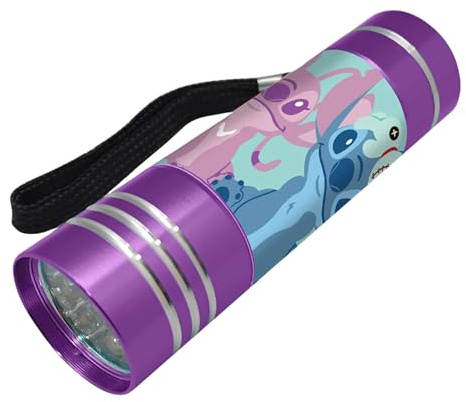 Disney Stitch Mini Linterna, Diseño Stitch y Angel Linterna, 9 LED, Incluye Corra de Muñeca, Regalo para Niños | Morado