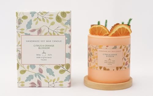 Bougie parfumée à l'extrait naturel de plantes, cire de soja faite à la main, 100 %, avec récipient pour coussin d'agrumes et de fleur d'oranger, unisexe