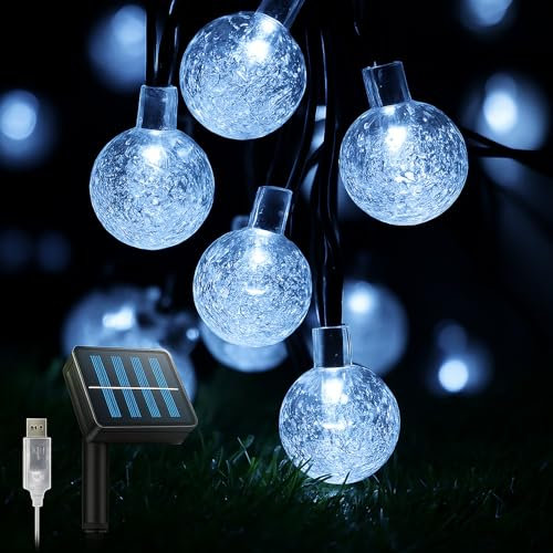 Guirnaldas Luces Exterior Solar, 50LED 8M Led Jardin con USB Recargable,Guirnalda de Luces de Ahorro Energético,8 Modos & Impermeable Cadena de Luce Decoración para Terraza Patio Balcones Fiesta Boda