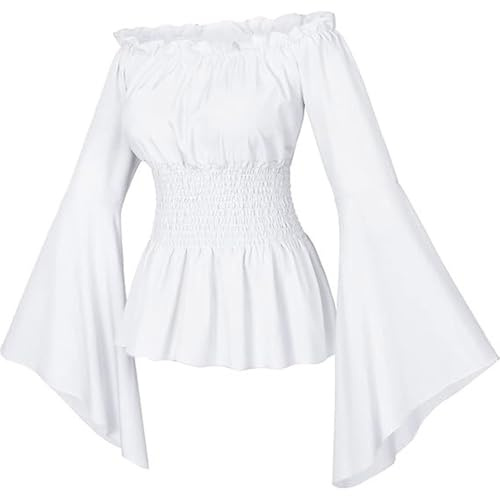 YOSUWOAI Blusa victoriana renacentista para mujer, con volantes, cintura fruncida, camiseta de manga larga, estilo bohemio, pirata, sin hombros, mangas trompeta, gótico, lolita, boho, blusas