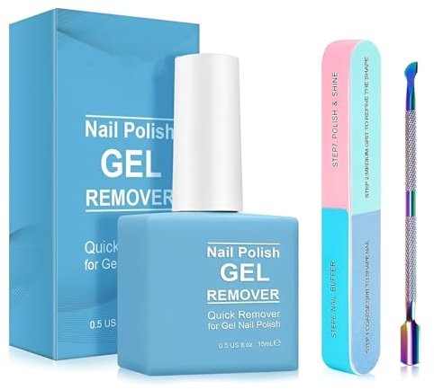 Gel Nail Polish Remover Kit - Gentle & Fast, No Foil, No Damage. Peel Off in 2-5 Mins Remove Acrylic, Gel, Varnish and Shellac, Includes Nail File & Polish Scraper -15mL