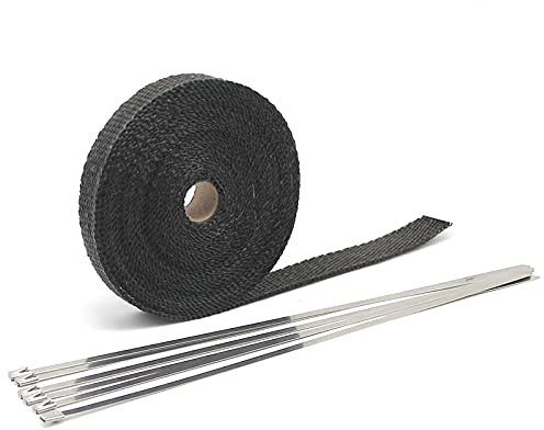 Hitzeschutzband Auspuff,Auspuff Dichtband 25mm * 5/10 / 15m Titan-Auspuff-Wärm Wickelwalze für Motorrad Fiberglas Wärmeabschirmklebeband mit rostfreien Krawatten(10m Black)