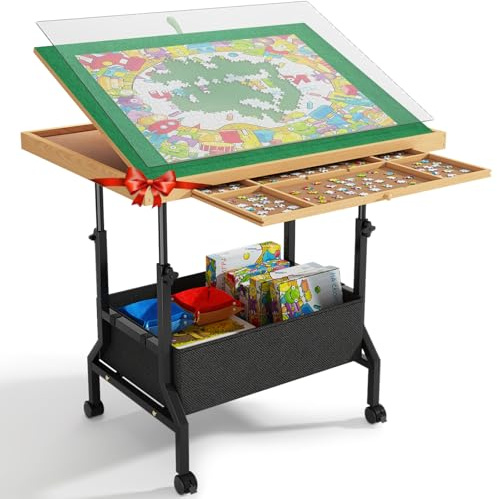 upvercy 1500 Piece Adjustable Puzzle Table with Legs,Tilting Angles Puzzle Board with Drawers & Cover, 34 x 26 Wooden Puzzle Board with Extra Large Fabric Drawer and 4 Wheels for Adults