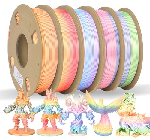 ATOMUS PLA 3D-skrivarfilament Shiny Silk Rainbow Filament 1,75 mm 5 spolar 250g Bundle Färgändring FDM för 3D-skrivare